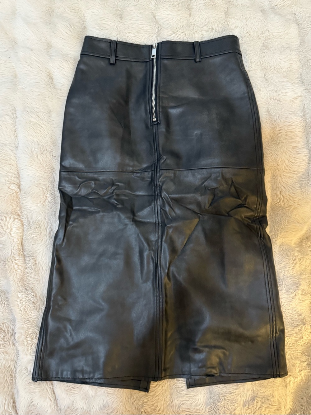 NWOT - Zara Black Faux Leather Midi Pencil Skirt with Front Zip